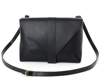 Crossbody Envelope Bag Black Leather, satchel bag, box bag, envelope purse, messenger bag, shoulder bag, leather purse