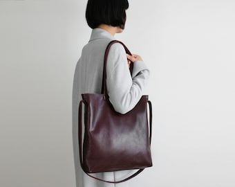 Tote de cuero multifuncional Bordeaux, bolso shopper de cuero, bandolera, bolso de hombro grande