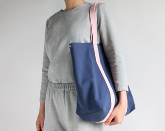 Canvas Shopper Organic Cotton Navy Blue  with Blush Cotton Twin Top Handels, tote bag, shoulder bag, beach bag, cotton shopper