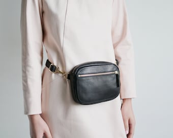 Fanny Pack, Crossbody Bag, Multi-Functional Hip Bag and Crossbody, Utility Bag, Leather Zipper Belt Bag Black, Leather Purse