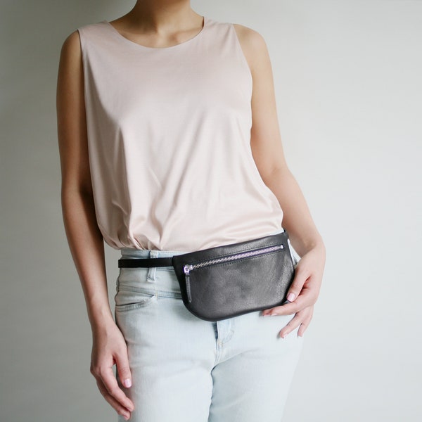 Belt Bag Mini Black, Leather Fanny Pack, Hip Bag, flat bum bag, festival bag, cross body purse