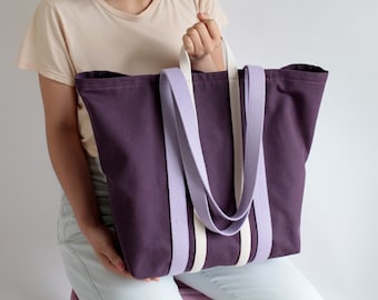 Riesen Shopper Baumwolle Aubergine / Flieder / Natur, Schultertasche, Strandtasche, Windeltasche