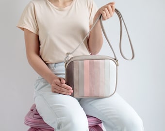 Medium Crossbody Zip Bag M Taupe MiX, striped leather purse, shoulder bag, cross body purse, colorful handbag