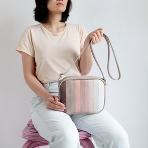 Medium Crossbody Zip Bag M Taupe MiX, striped leather purse, shoulder bag, cross body purse, colorful handbag