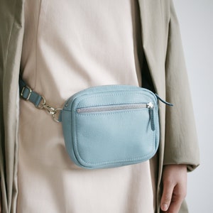 Fanny Pack, Crossbody Bag, Multi-Functional Hip Bag and Crossbody, Utility Bag, Leather Zipper Belt Bag Dusky Blue, Leather Purse