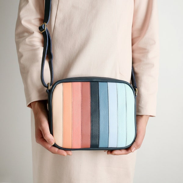 Medium Crossbody Zip Bag M BLUE MiX, striped leather purse, shoulder bag, cross body purse, colorful handbag