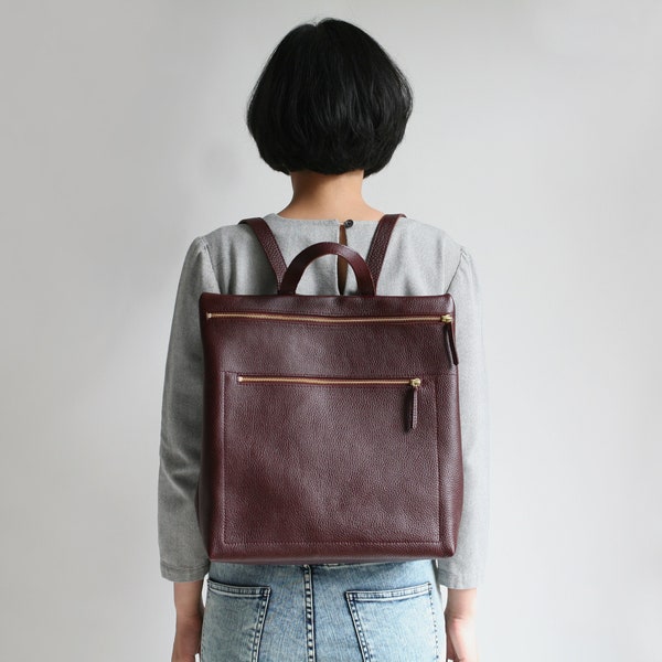 leather backpack bordeaux, backpack purse, hipster backpack, minimalistic zipperd backpack, rucksack