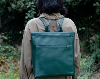 leather backpack dark green, backpack purse, hipster backpack, minimalistic zipperd backpack