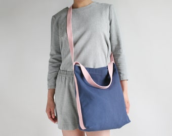 Organic Canvas Tote Navy Blue / Blush,  leather shopper, crossbody bag, shoulder bag