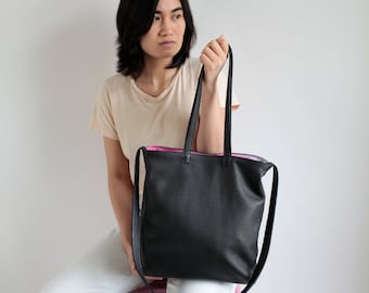 Multi-functional Leather Tote Black,  leather shopper, crossbody bag, big shoulder bag