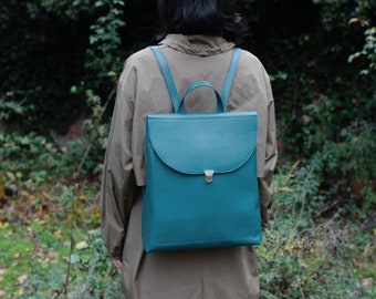 Teal Leather Backpack With Buckle: Handmade Classic Purse