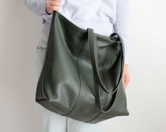 Leather Shopper Loden Green, Big Multi-functional Leather Tote with Cotton Lining, Hobo Bag, Crossbody Bag, Big Shoulder Bag, Tote Bag