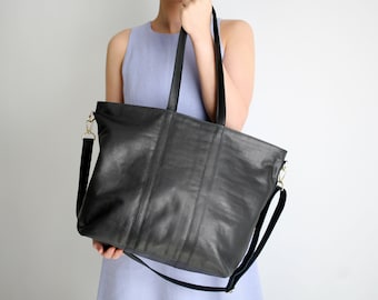 Leather Shopper, Big Multi-functional Leather Tote Black with Cotton Lining, Hobo Bag, Crossbody Bag, Big Shoulder Bag, Tote Bag