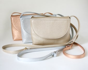 Minimalistic Crossbody Bag Light Gold Leather, small satchel bag, handbag, leather purse, 13 colors available