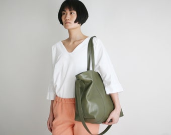 Leather Shopper, Big Multi-functional Leather Tote OLIVE with Cotton Lining, Crossbody Bag, Big Shoulder Bag