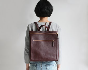 leather backpack bordeaux, backpack purse, hipster backpack, minimalistic zipperd backpack, rucksack