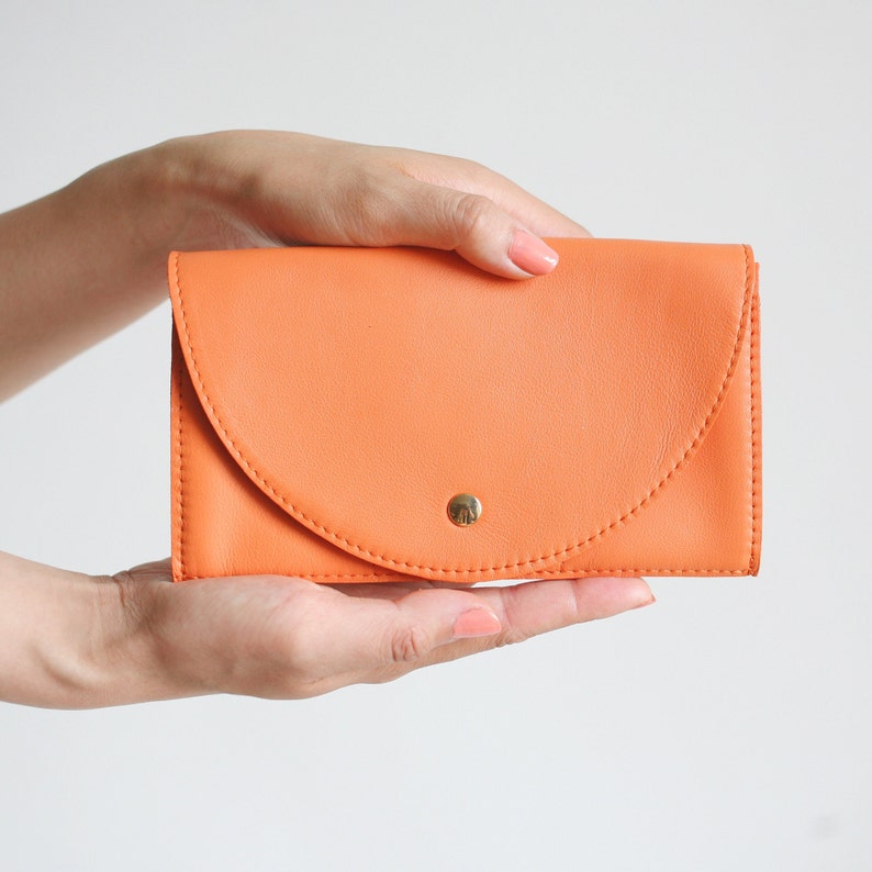 Clutch Portemonnaie echt Leder Schwarz, Großes Lederportemonnaie, Kellnerportemonnaie Tangerine