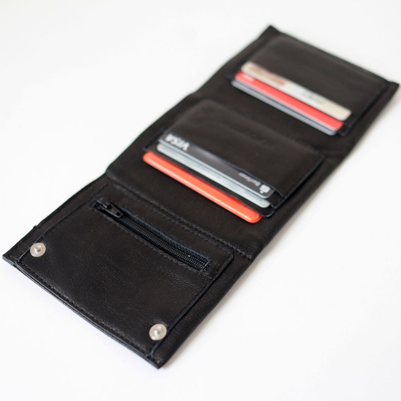 Cartera Trifold Cuero Negro, cartera plana, cartera para hombre, cartera para mujer, cartera de cuero imagen 3