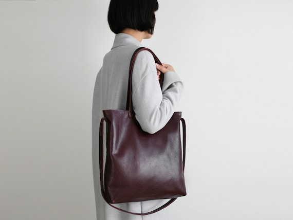 Multi Functional Leather Tote Bordeaux Leather Shopper Etsy