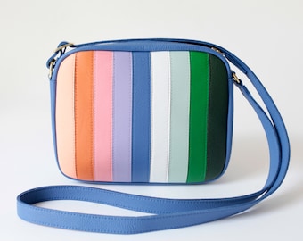 Medium Crossbody Zip Bag M Cornflower MiX, striped leather purse, shoulder bag, cross body purse, colorful handbag