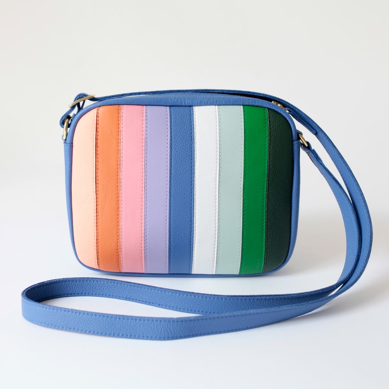 Medium Crossbody Zip Bag M Cornflower MiX, striped leather purse, shoulder bag, cross body purse, colorful handbag Cornflower MIX