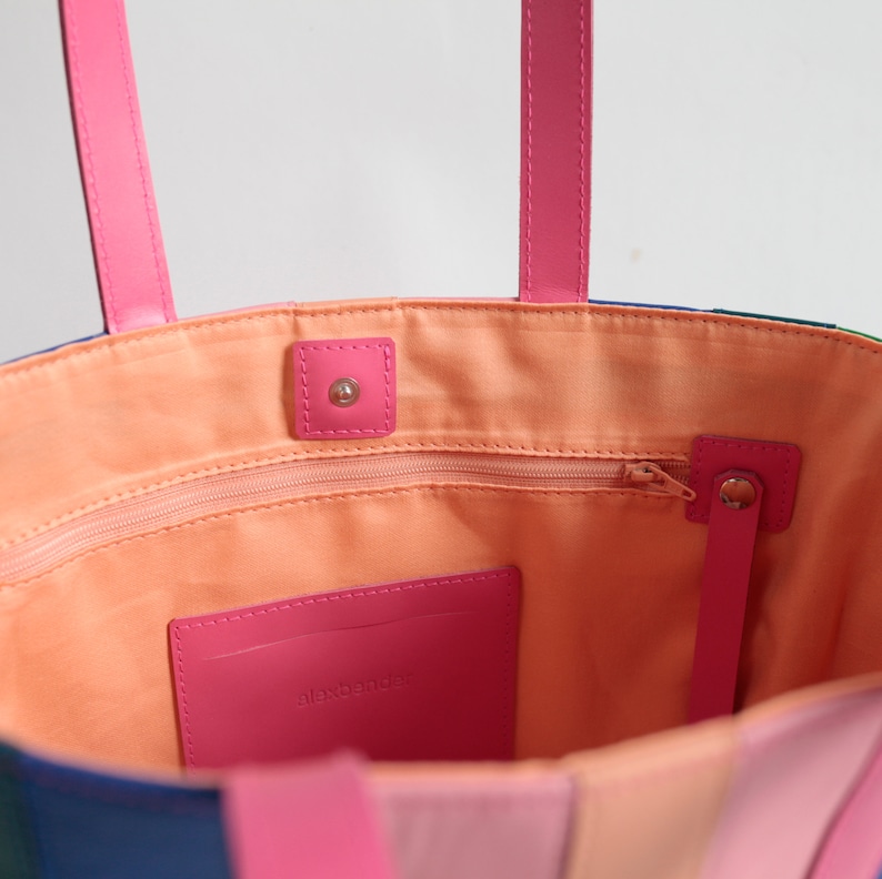 Schultertasche PINK MIX bunt gestreift , Handtasche, Ledertasche, Ledertote image 8