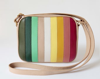 Medium Crossbody Zip Bag M Cappuccino MIX, striped leather purse, shoulder bag, cross body purse, colorful handbag