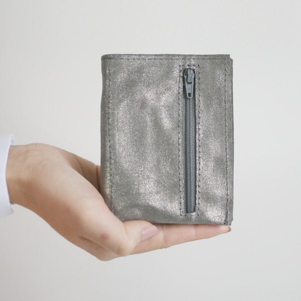 Leather Trifold Wallet Taupe Metallic , small wallet, flat wallet, womens wallet