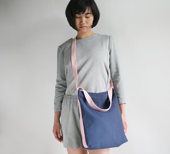 Organic Canvas Tote Navy Blue / Blush: Handmade Shoulder Bag