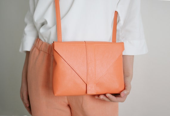 Orange Leather Crossbody Box Bag Purse