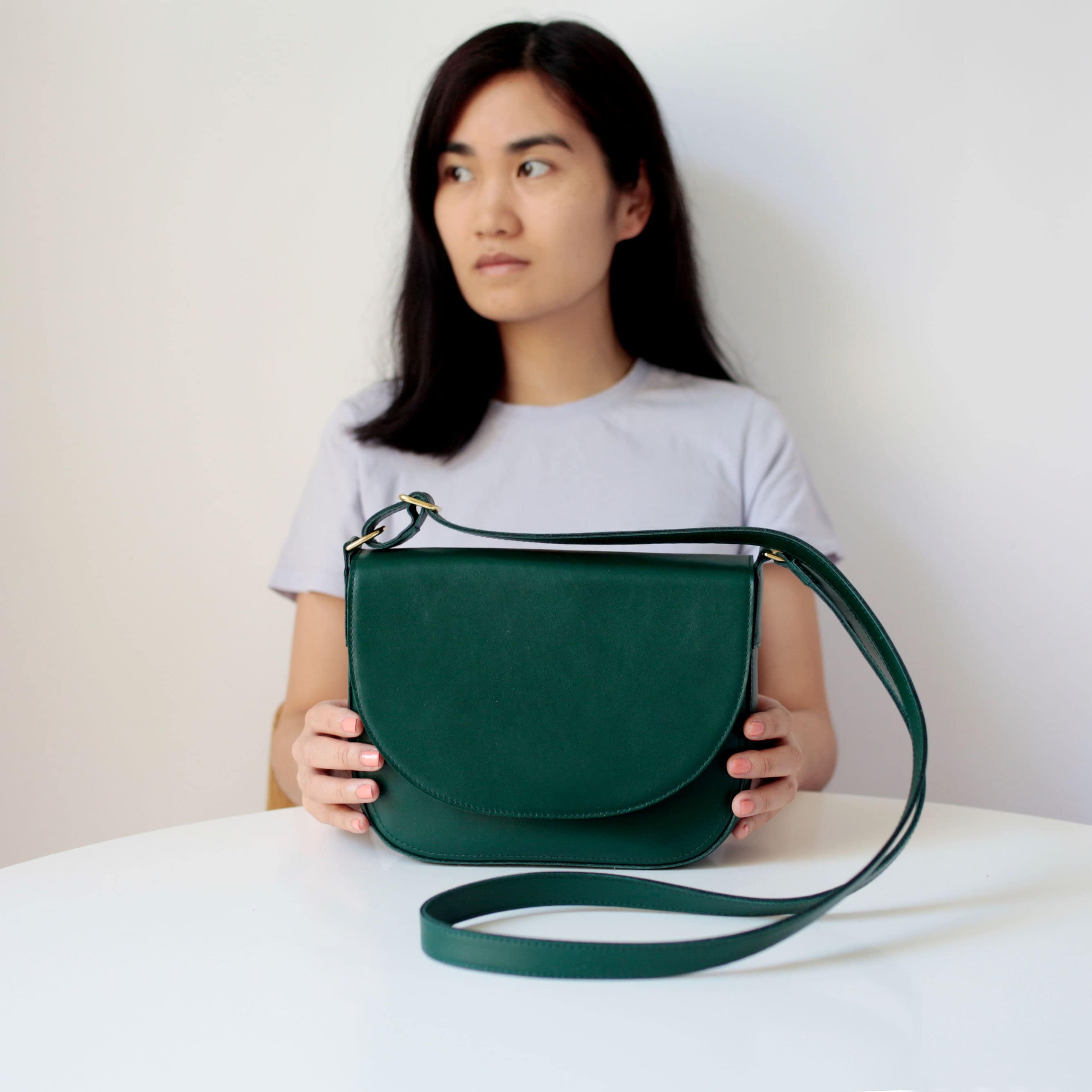 Crossbody Saddle Bag Forest Green Leather Minimalistic - Etsy