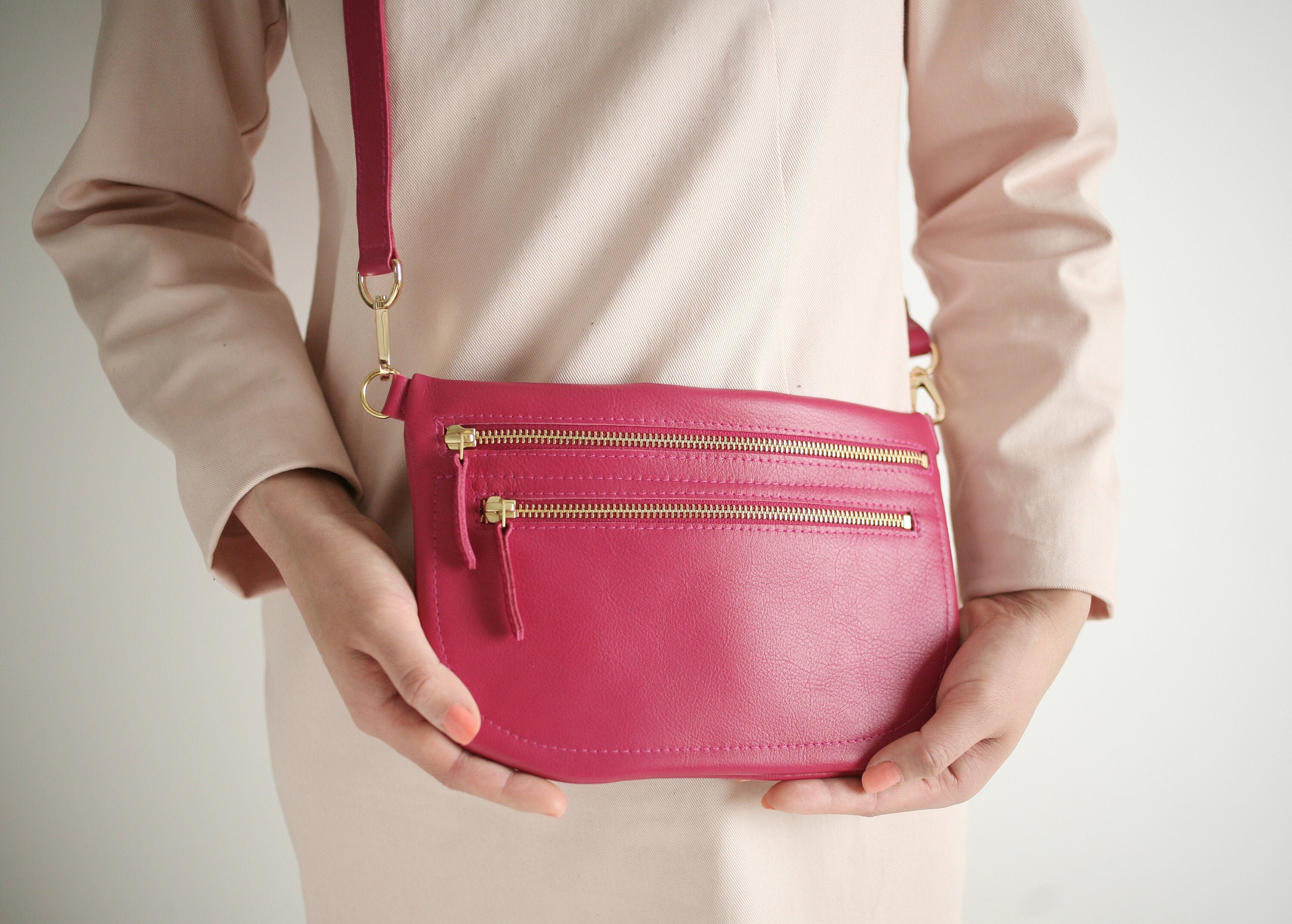 Flat Large Fanny Pack or Crossbody Bag Fuchsia Double Zipper Etsy