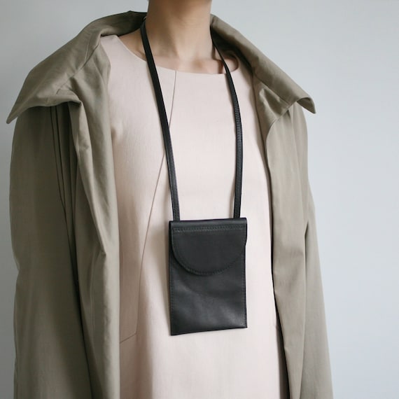 Neck Pouch Black Leather Smartphone Case Phone Bag Smartphone Pouch Cellphone Bag Festival Bag Mini Travel Bag Etsy