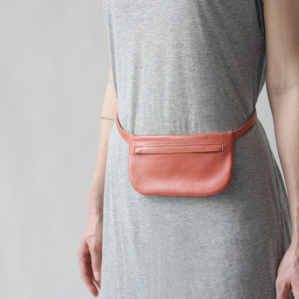 Flat Mini Genuine Leather Belt Bag in Soft Coral Orange (last one), Fanny Pack, Small Hip Bag