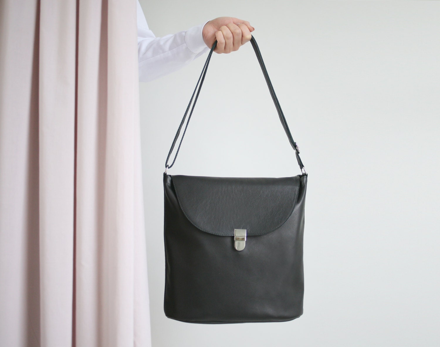 Bucket Bag Black Leather With Cotton Lining Big Hobo Bag - Etsy Canada