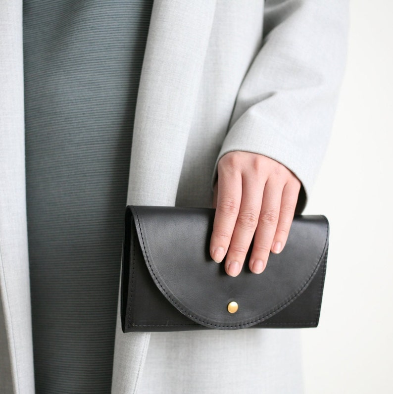 Pochette noir, pochette en cuir, portefeuille secrétaire, grand portefeuille en cuir image 2