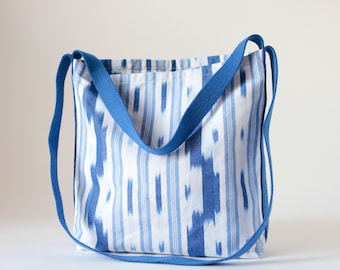 Canvas bag with royal blue and white ikat pattern: handcrafted shoulder bag