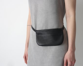 Belt Bag Black Leather, Flat Bum Bag, Hip Bag, Fanny Pack, Festival Bag, Crossbody Bag