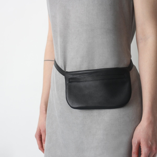 Belt Bag Black Leather, Flat Bum Bag, Hip Bag, Fanny Pack, Festival Bag, Crossbody Bag