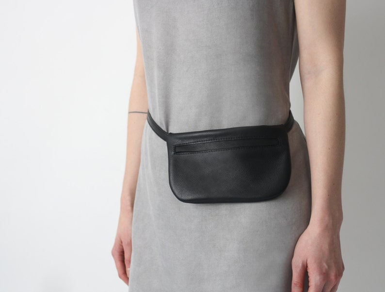 Belt Bag Black Leather, Flat Bum Bag, Hip Bag, Fanny Pack, Festival Bag, Crossbody Bag image 1