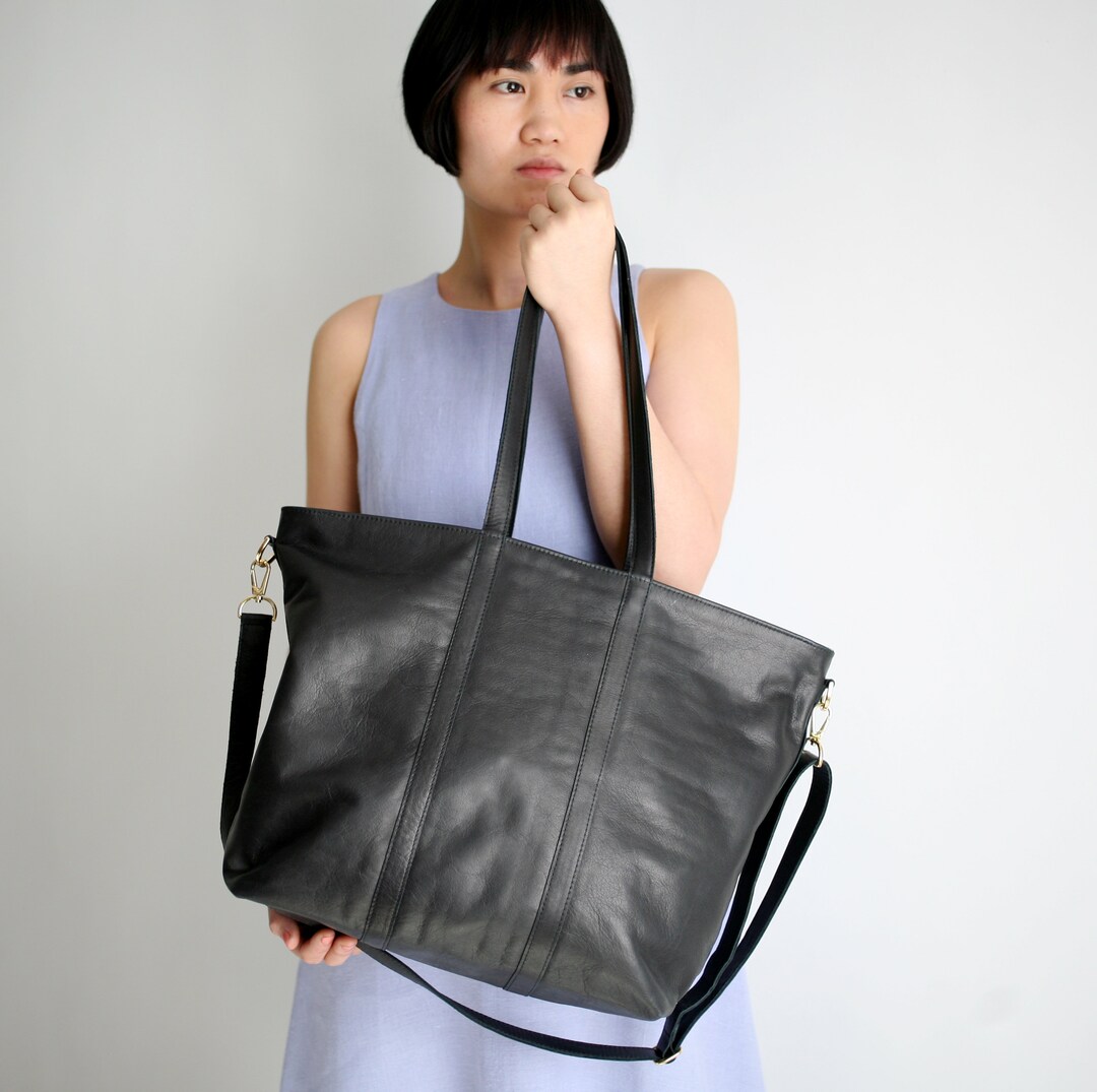 Leather Shopper Big Multi-functional Leather Tote Black With - Etsy