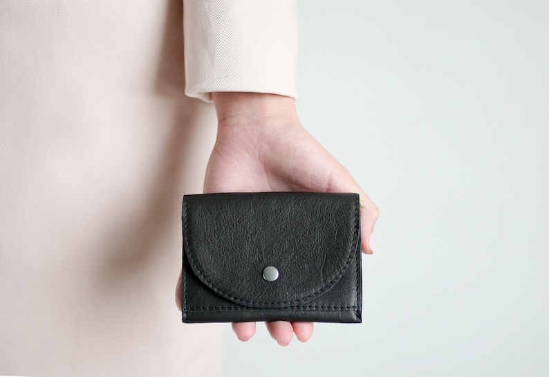 Petit portefeuille en cuir noir, portefeuille plat pour femmes, petit sac à main en cuir, portefeuille pour hommes Black