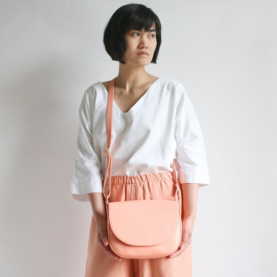 Apricot Leather Crossbody Saddle Bag: Minimalist Shoulder Purse