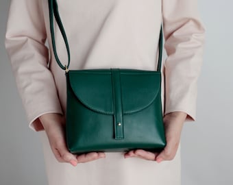 Crossbody Box Bag KNOB Forest Green Leather, satchel bag, leather purse
