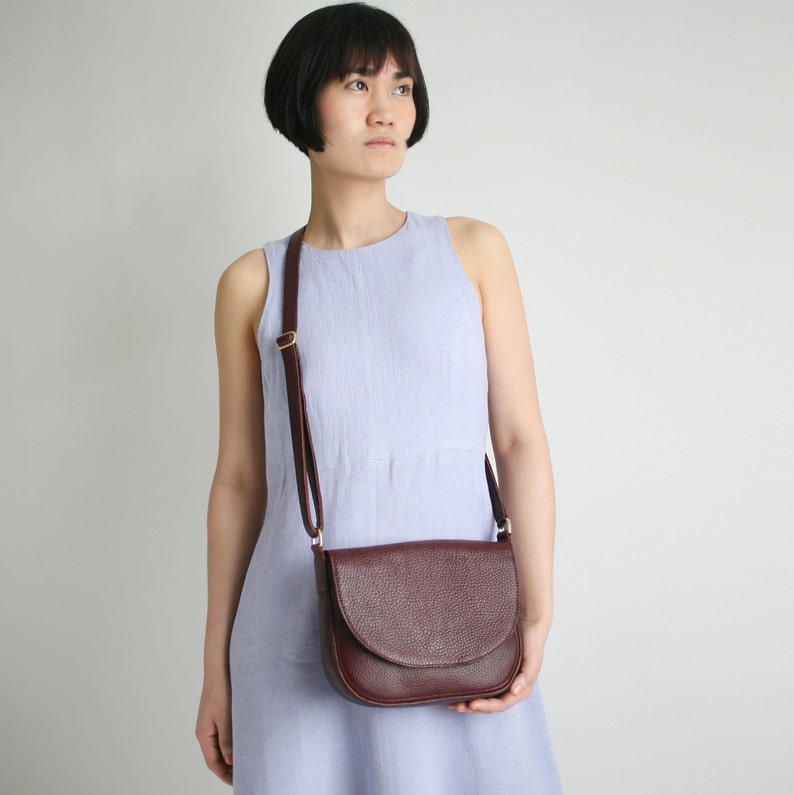 Crossbody Saddle Bag Black Leather, minimalistic shoulder bag Bordeaux