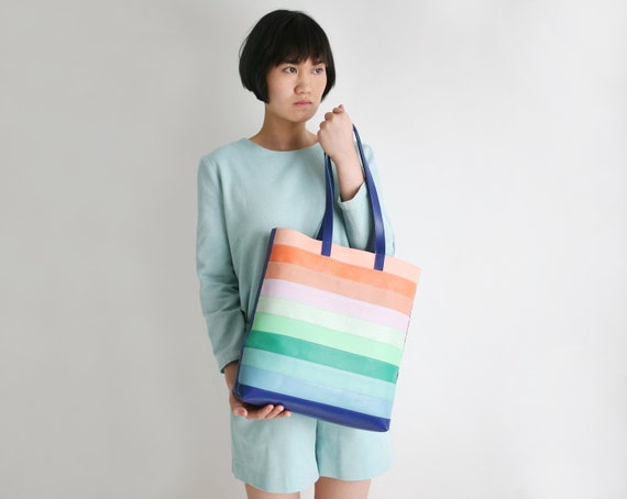 Leather Tote "Tropical", Multicolor Tote, striped leather tote bag, laptop bag, leather shopper, shoulder bag