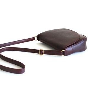 Pu&ograve; includere: Una borsa a tracolla in pelle bordeaux con una lunga tracolla regolabile e dettagli dorati.