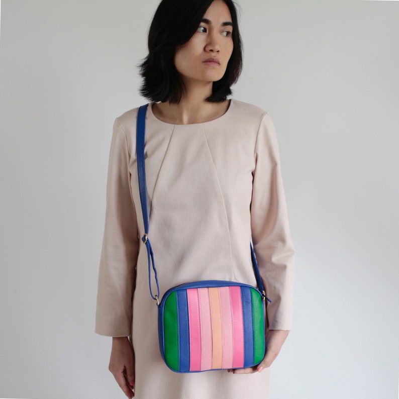 Medium Crossbody Zip Bag M Cornflower MiX, striped leather purse, shoulder bag, cross body purse, colorful handbag image 10