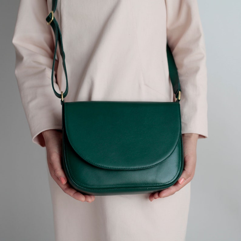 Crossbody Saddle Bag Black Leather, minimalistic shoulder bag Dark Green