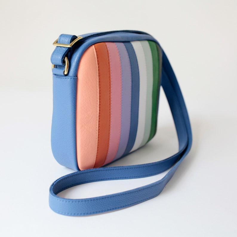 Medium Crossbody Zip Bag M Cornflower MiX, striped leather purse, shoulder bag, cross body purse, colorful handbag image 5